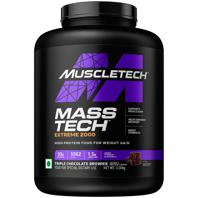 MuscleTech MassTech Extreme 2000 High Protein Food For Weight Gainer (30g Protein, 1062 Kcal, 1.5g Creatine & Added Vitamin & Minerals) Veg Mass Gainer – Triple Chocolate Browmnie – 3Kg (10 Servings)