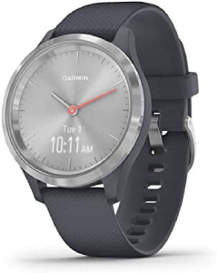 Garmin vivomove 3s, Smaller-sized Hybrid Smartwatch with Real Watch Hands and Hidden Touchscreen Display, Silver with Granite Blue Case and Band