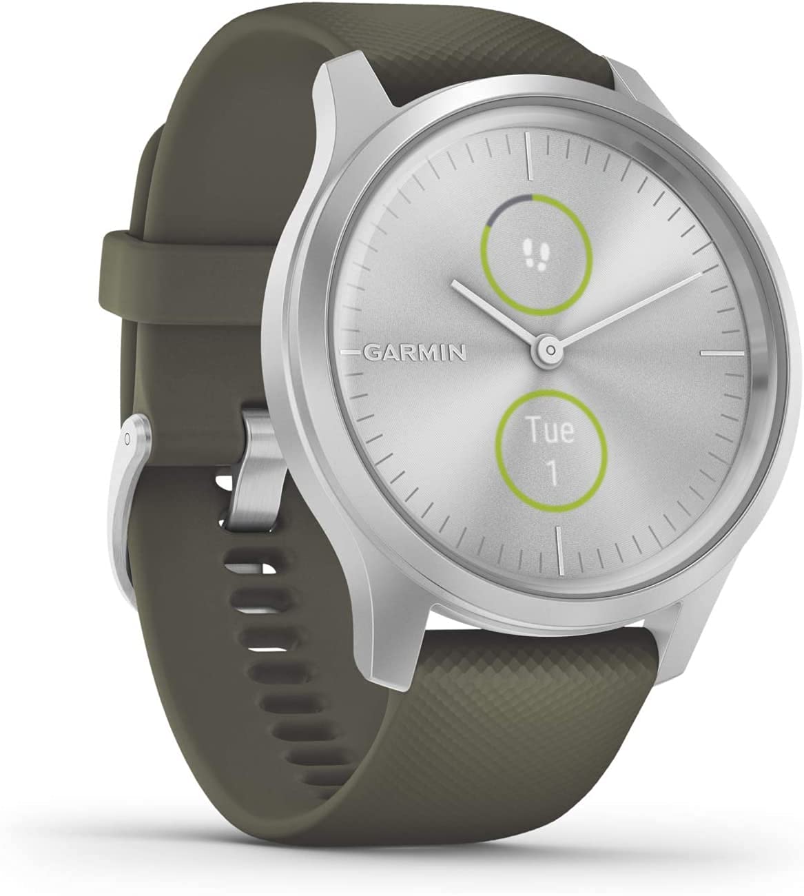 Garmin vivomove Style, Hybrid Smartwatch with Real Watch Hands and Hidden Color Touchscreen Displays, Silver with Moss Silicone Band