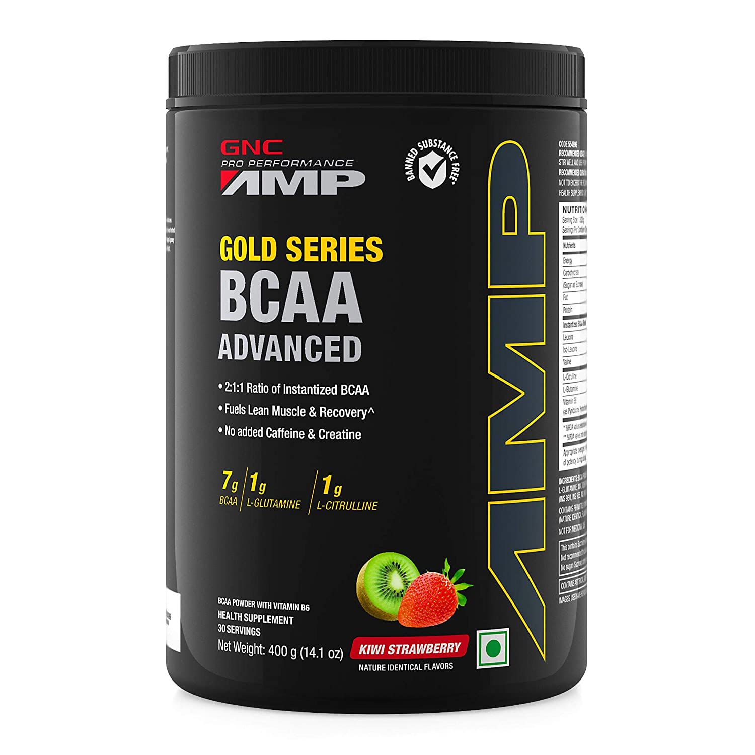 GNC L-Citrulline, Glutamine Amp Gold Series BCAA Advanced Powder for Adults- 400 gm (Kiwi Strawberry)