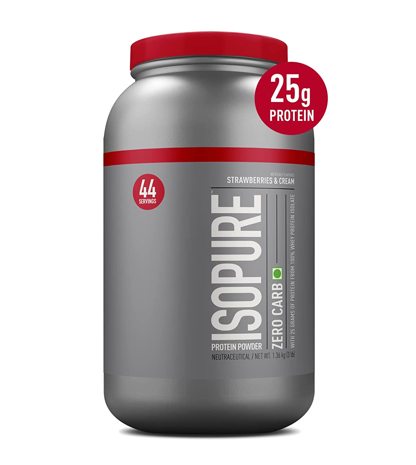 Isopure Zero Carb 100% Whey Protein Isolate Powder – 3 lbs, 1.36 kg (Strawberries & Cream), , 25g Protein per serve, Lactose-Free, Gluten-Free, Vegetarian protein for Men & Women.